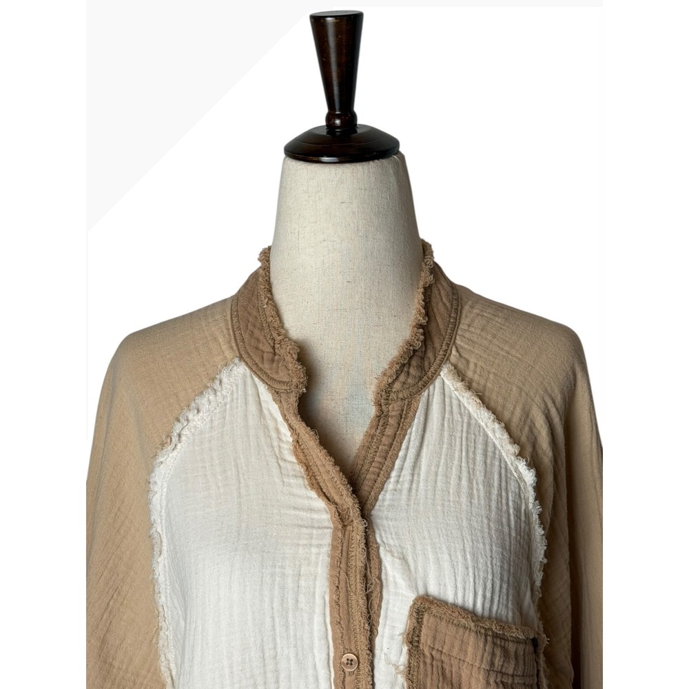 Aerie Gauzy Coverup Shirt Women XS Tan Ivory Colorblock Cotton Oversized - Picture 4 of 11